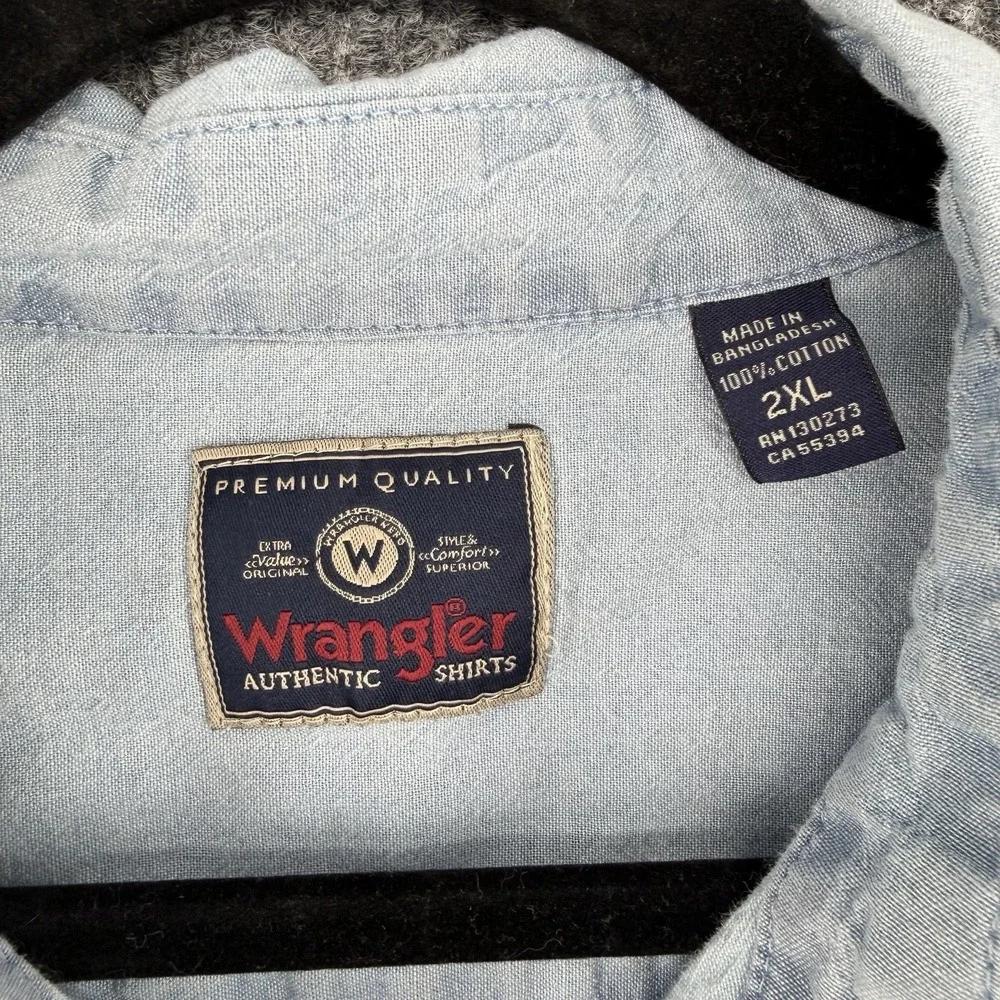 Vintage Wrangler Men's 2X Denim Chambray Western Button Up Shirt Cropped Fringe
